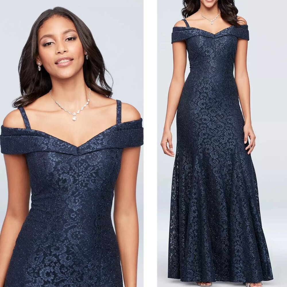 R&M RICHARDS NAVY BLUE GLITTER LACE OFF THE SHOULDER MERMAID DRESS - SIZE 10